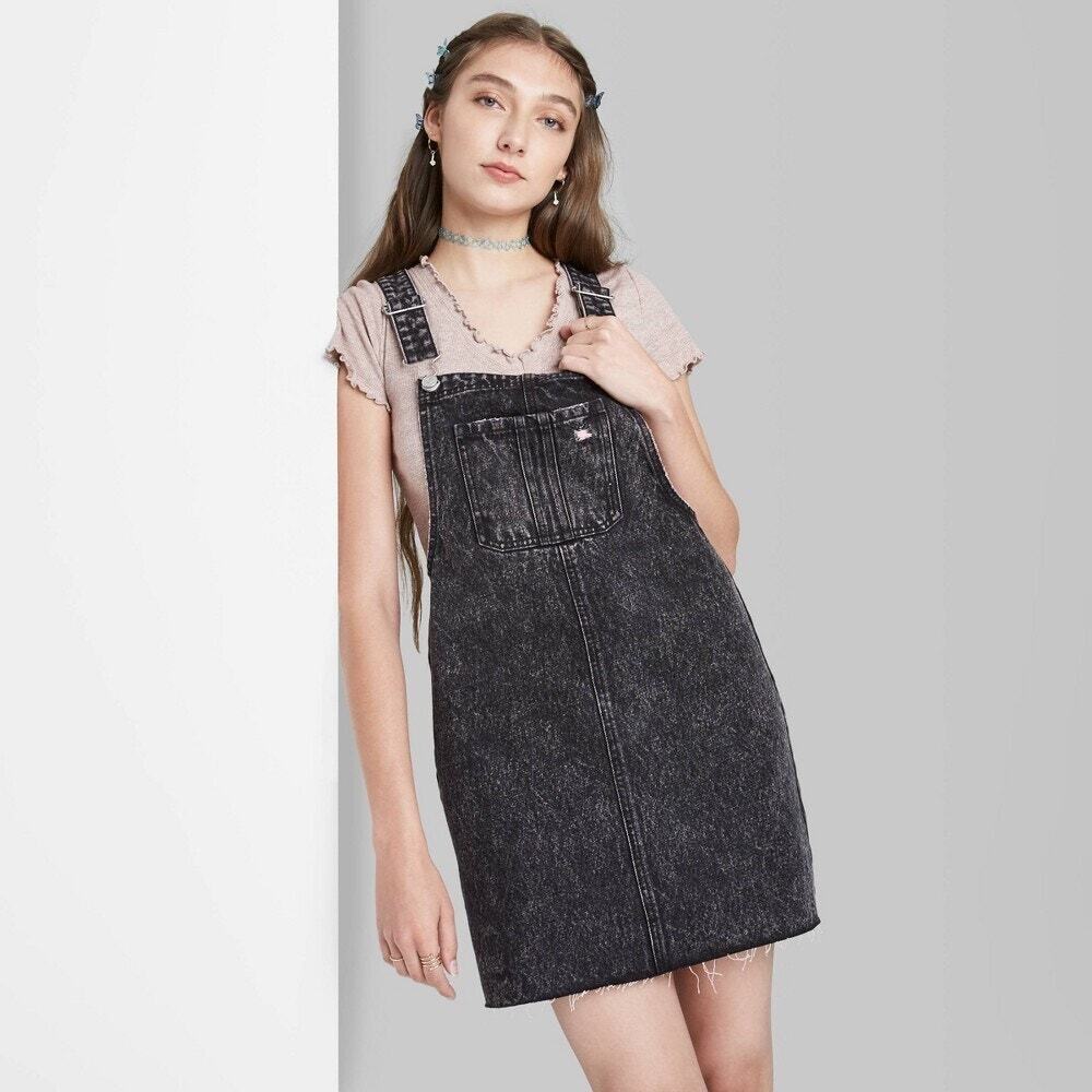 Wild Fable Washed Black Denim Pinafore Overall Jean 90s Bib Mini Dress Size XL